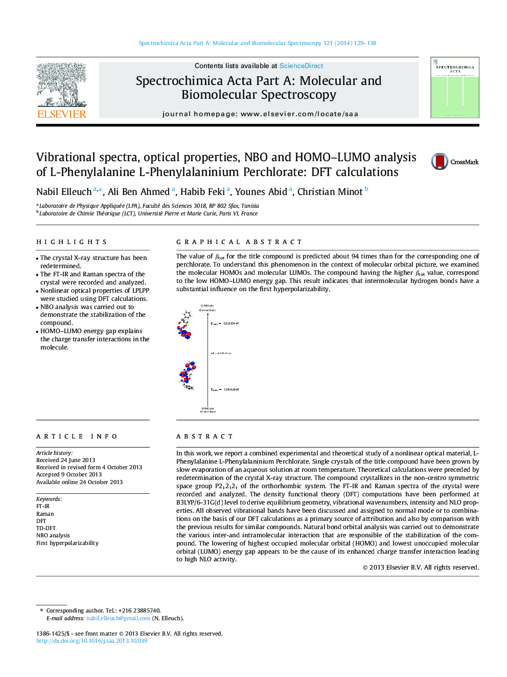 Vibrational spectra, optical properties, NBO and HOMO–LUMO analysis of L-Phenylalanine L-Phenylalaninium Perchlorate: DFT calculations