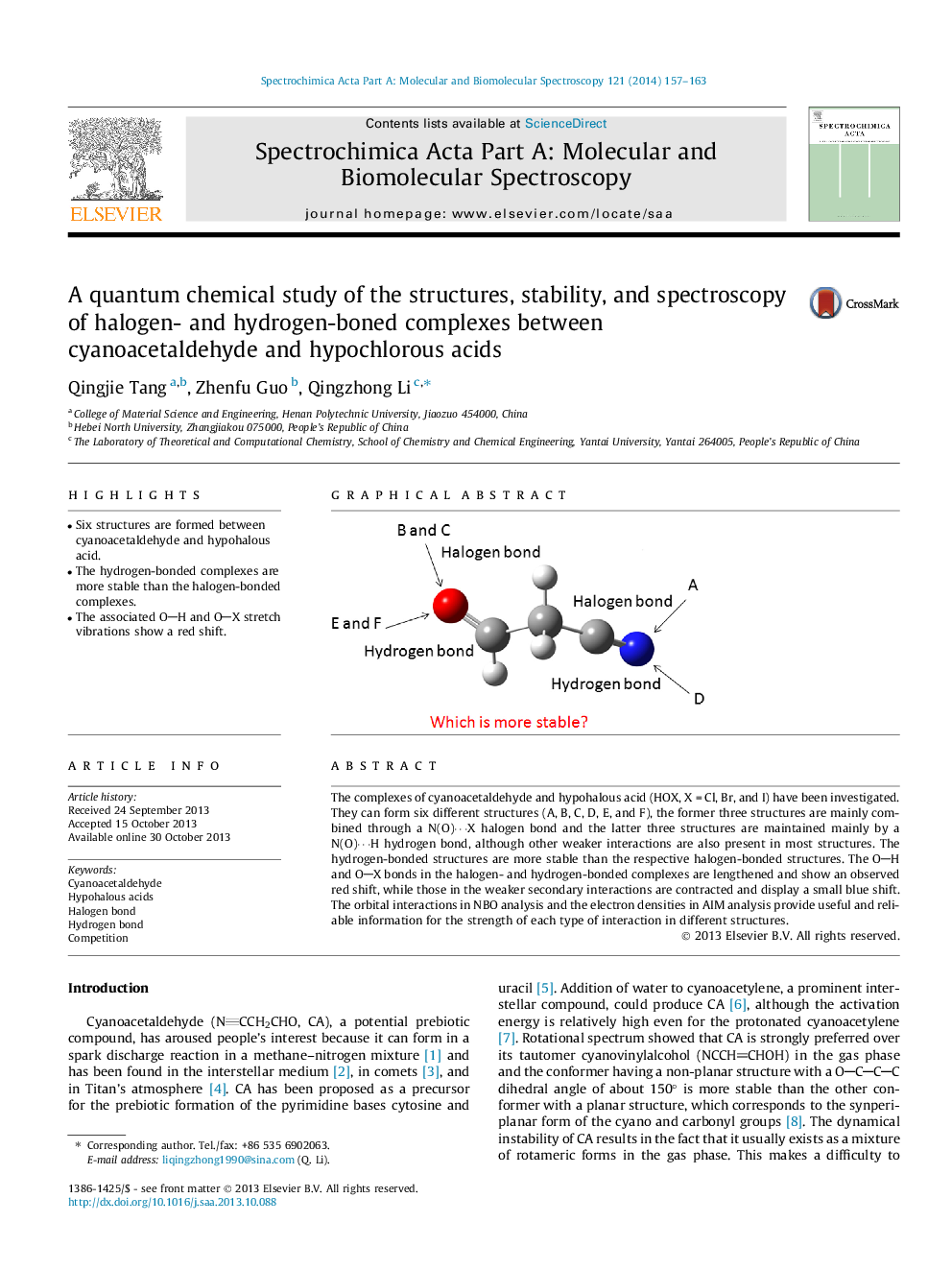 A quantum chemical study of the structures, stability, and spectroscopy of halogen- and hydrogen-boned complexes between cyanoacetaldehyde and hypochlorous acids