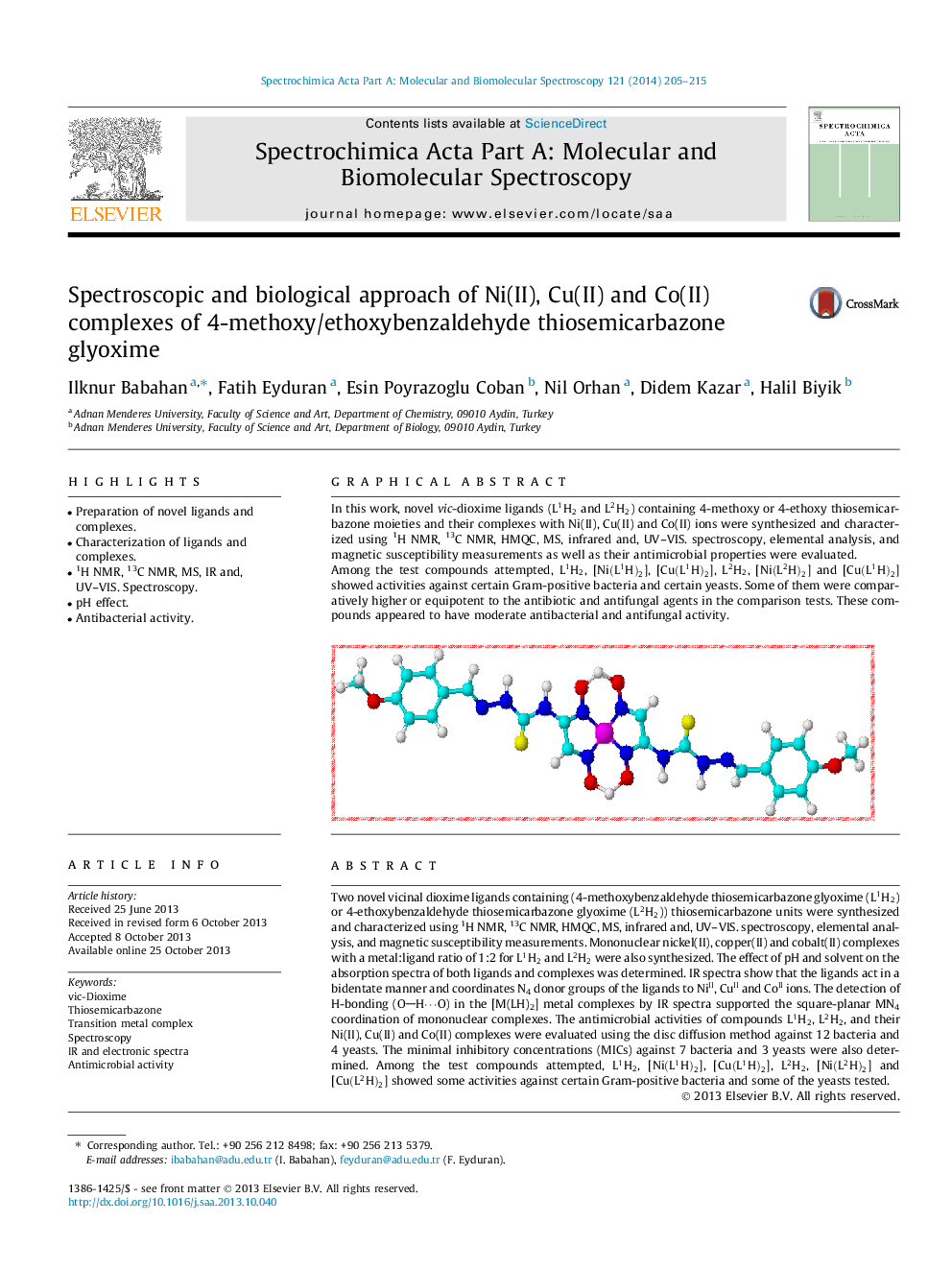 Spectroscopic and biological approach of Ni(II), Cu(II) and Co(II) complexes of 4-methoxy/ethoxybenzaldehyde thiosemicarbazone glyoxime