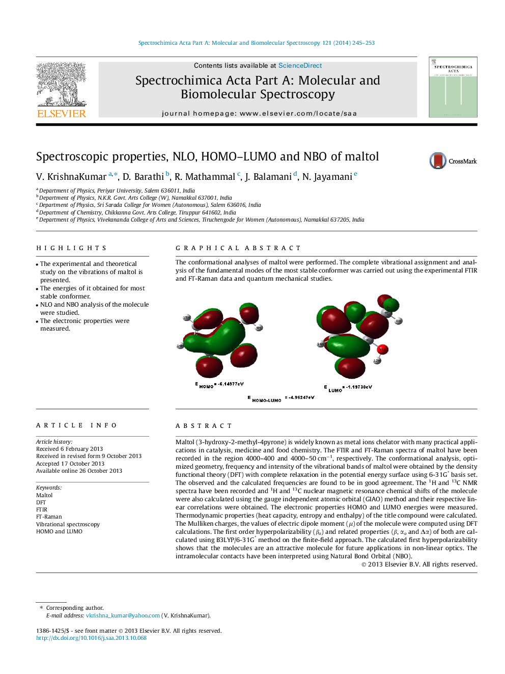 Spectroscopic properties, NLO, HOMO-LUMO and NBO of maltol