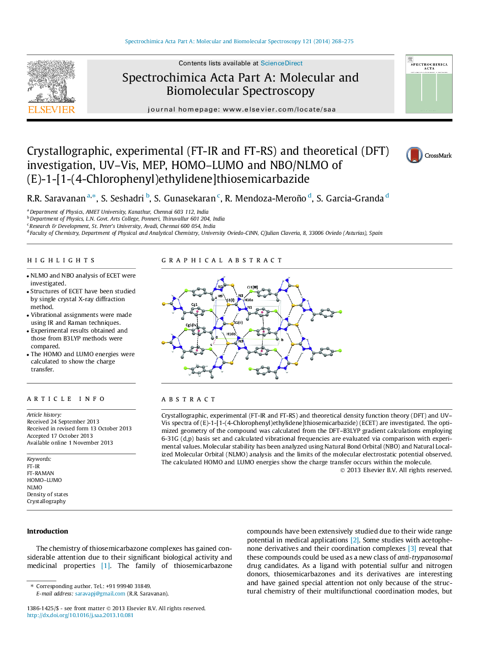 Crystallographic, experimental (FT-IR and FT-RS) and theoretical (DFT) investigation, UV-Vis, MEP, HOMO-LUMO and NBO/NLMO of (E)-1-[1-(4-Chlorophenyl)ethylidene]thiosemicarbazide