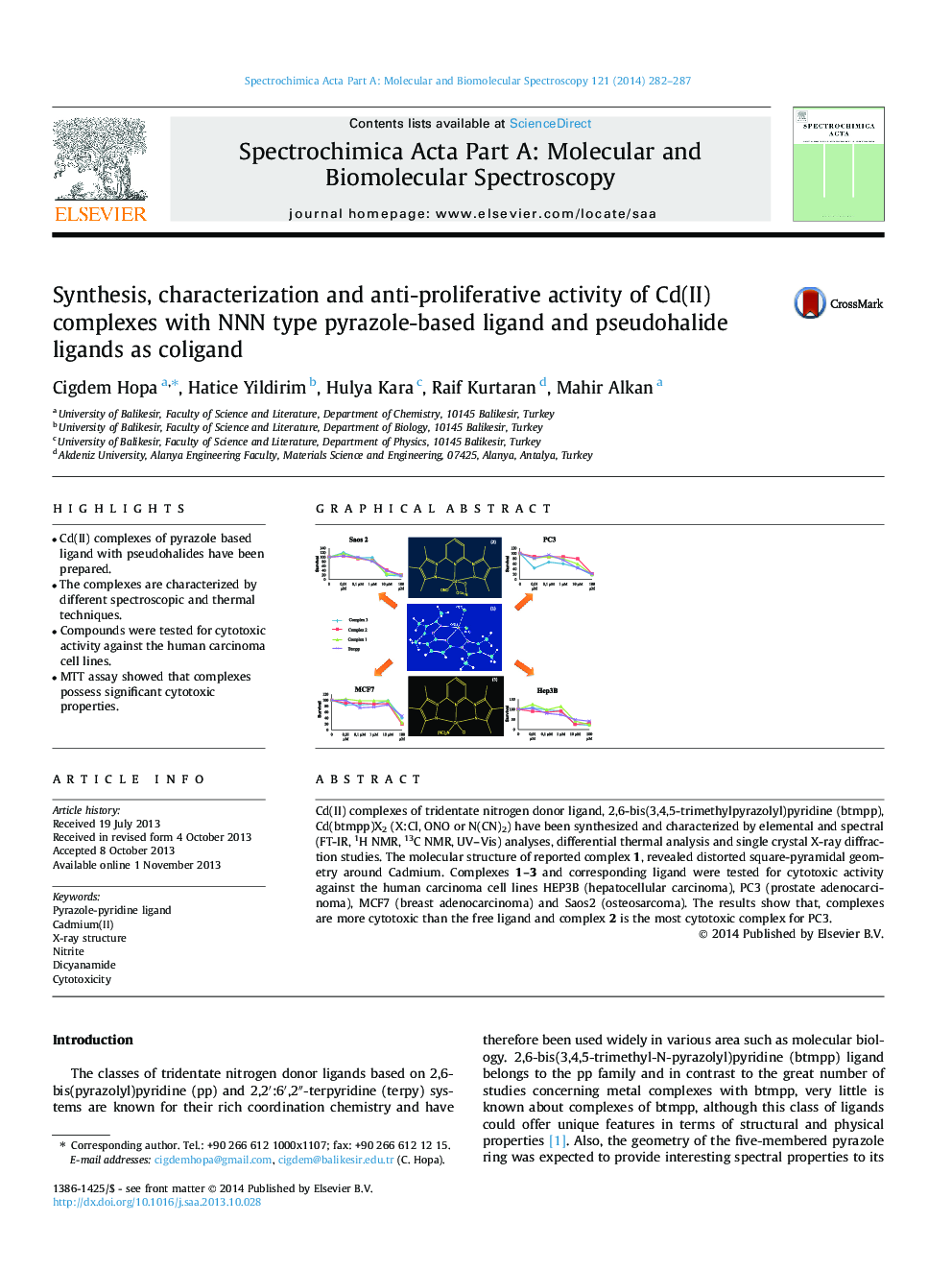 عکس صفحه اول مقاله: Synthesis, characterization and anti-proliferative activity of Cd(II) complexes with NNN type pyrazole-based ligand and pseudohalide ligands as coligand Synthesis, characterization and anti-proliferative activity of Cd(II) complexes with NNN type pyrazole-based ligand and pseudohalide ligands as coligand
