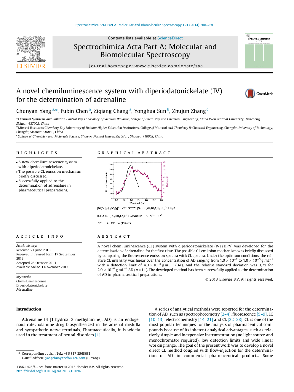 A novel chemiluminescence system with diperiodatonickelate (IV) for the determination of adrenaline