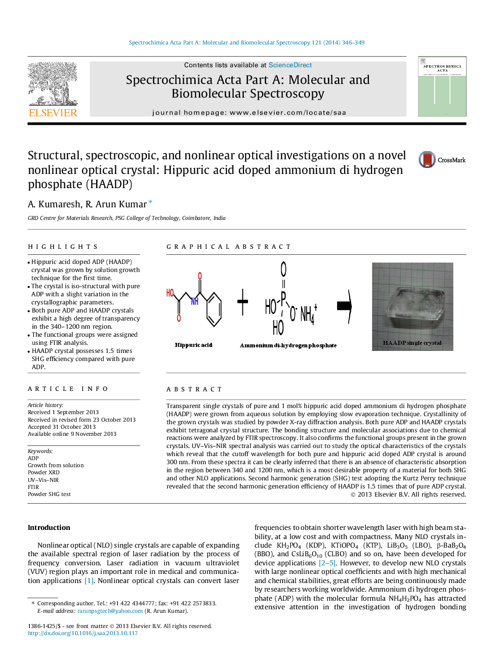 Structural, spectroscopic, and nonlinear optical investigations on a novel nonlinear optical crystal: Hippuric acid doped ammonium di hydrogen phosphate (HAADP)