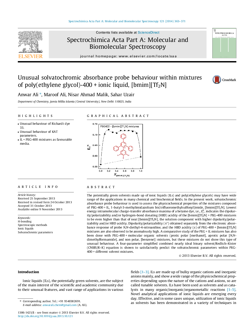 Unusual solvatochromic absorbance probe behaviour within mixtures of poly(ethylene glycol)-400Â +Â ionic liquid, [bmim][Tf2N]