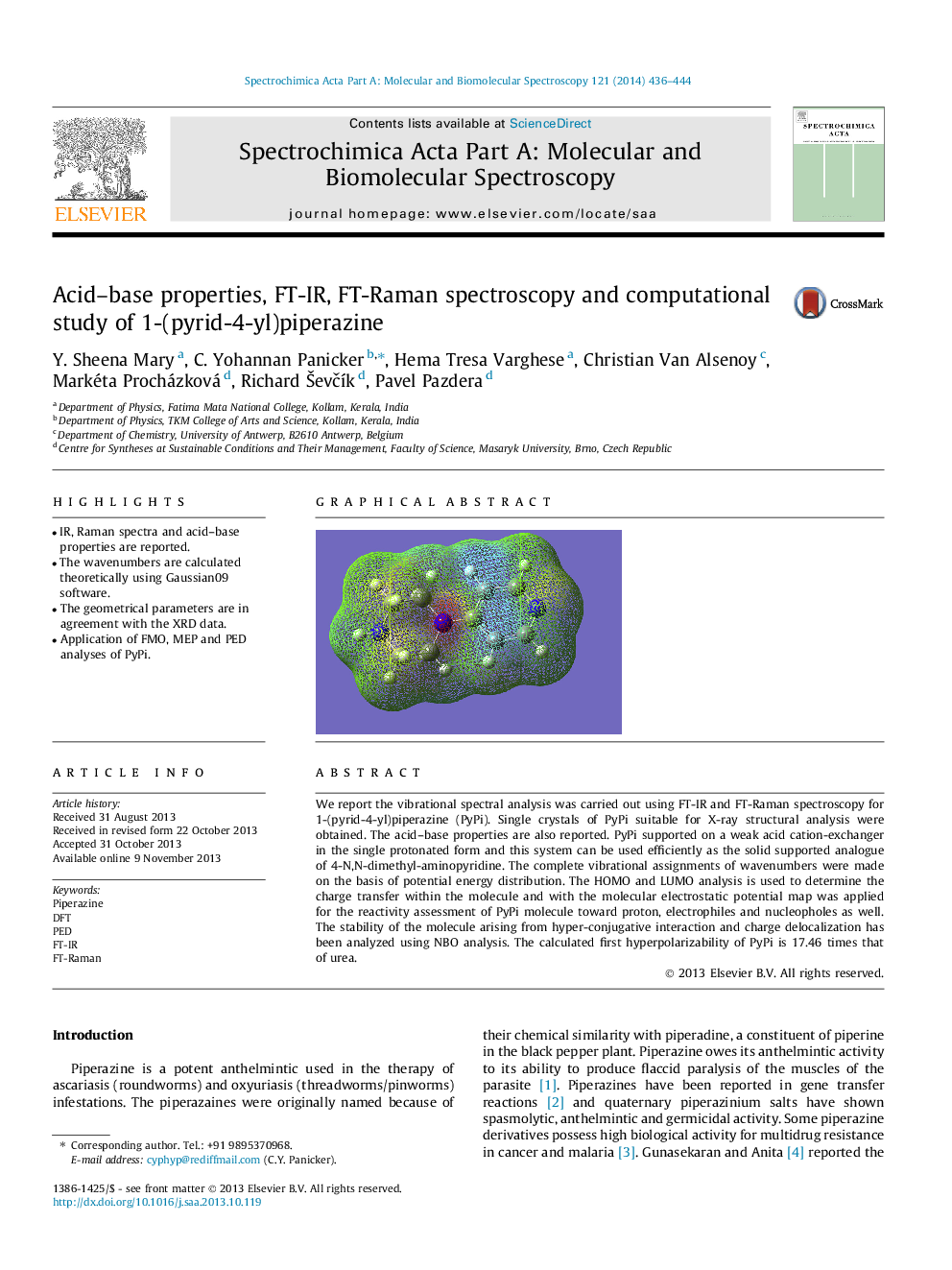 Acid–base properties, FT-IR, FT-Raman spectroscopy and computational study of 1-(pyrid-4-yl)piperazine