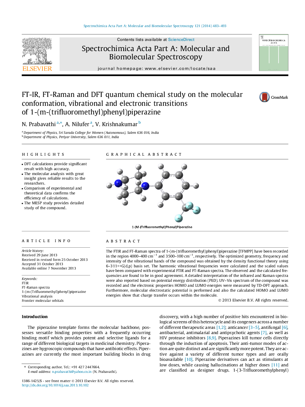 FT-IR, FT-Raman and DFT quantum chemical study on the molecular conformation, vibrational and electronic transitions of 1-(m-(trifluoromethyl)phenyl)piperazine