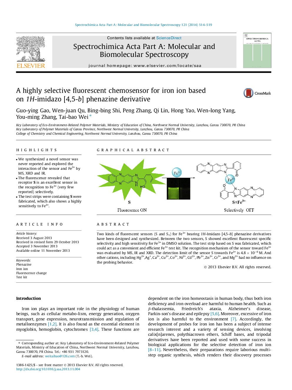 A highly selective fluorescent chemosensor for iron ion based on 1H-imidazo [4,5-b] phenazine derivative