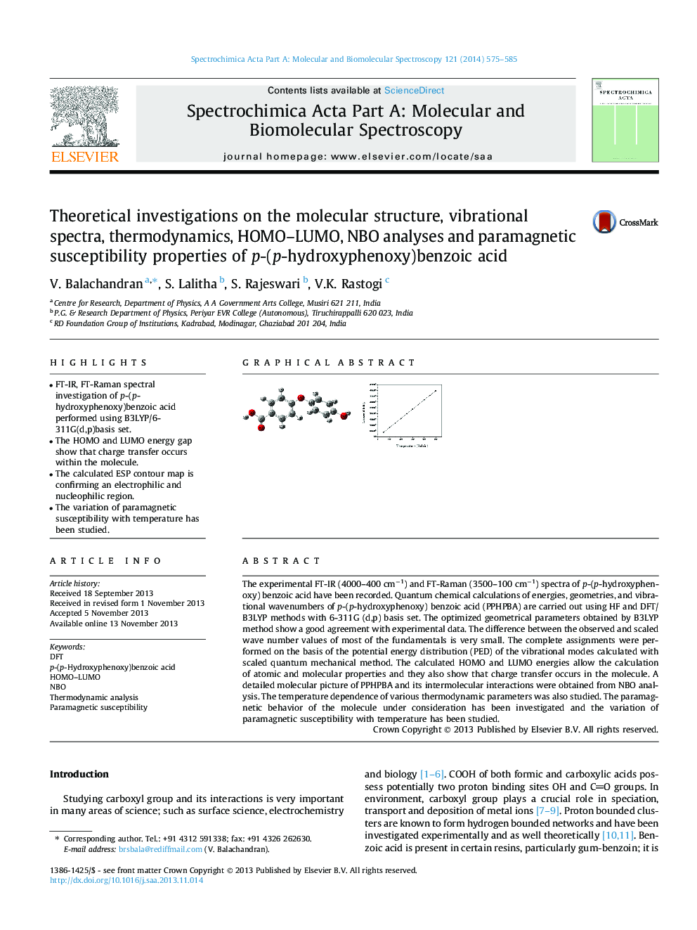 Theoretical investigations on the molecular structure, vibrational spectra, thermodynamics, HOMO-LUMO, NBO analyses and paramagnetic susceptibility properties of p-(p-hydroxyphenoxy)benzoic acid