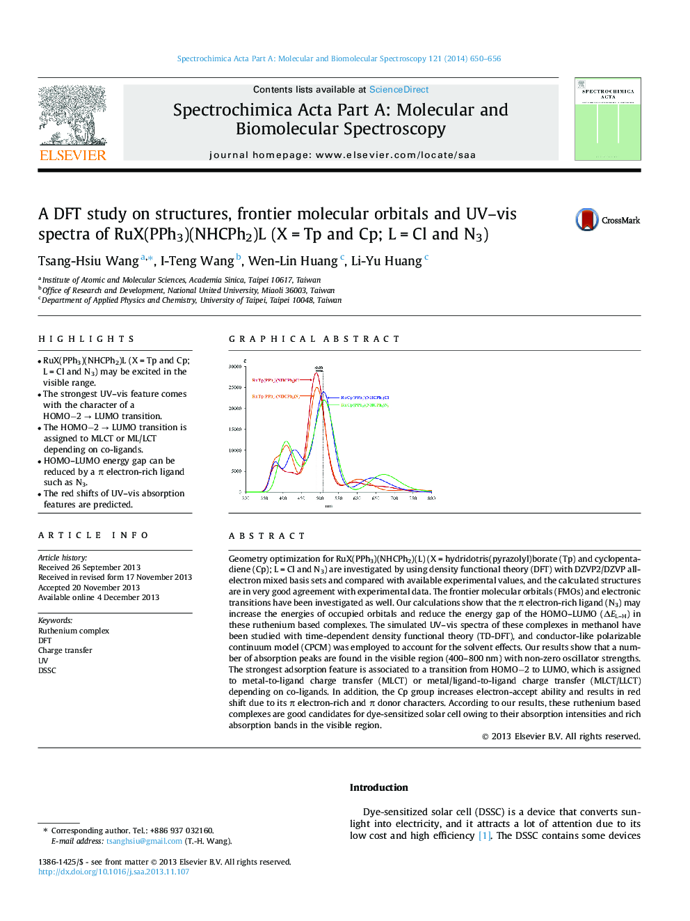 A DFT study on structures, frontier molecular orbitals and UV-vis spectra of RuX(PPh3)(NHCPh2)L (XÂ =Â Tp and Cp; LÂ =Â Cl and N3)