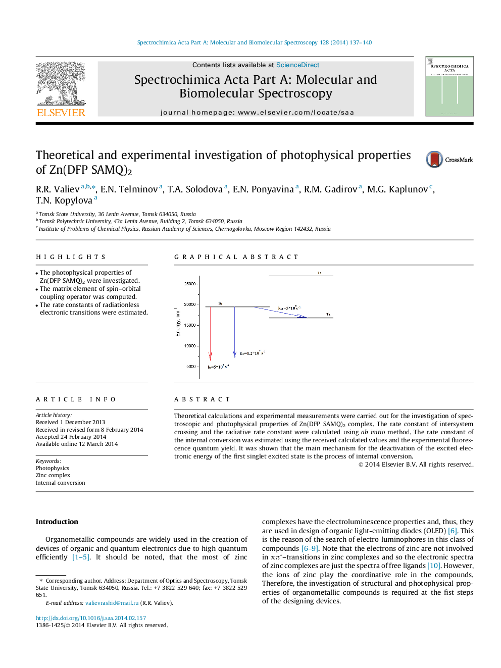 Theoretical and experimental investigation of photophysical properties of Zn(DFP SAMQ)2