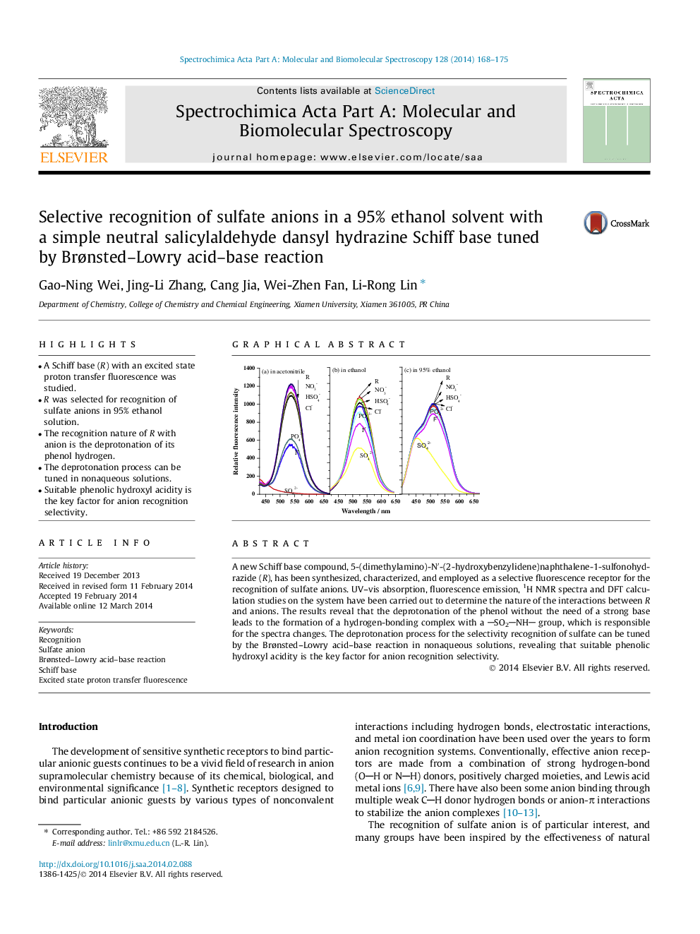 Selective recognition of sulfate anions in a 95% ethanol solvent with a simple neutral salicylaldehyde dansyl hydrazine Schiff base tuned by Brønsted–Lowry acid–base reaction