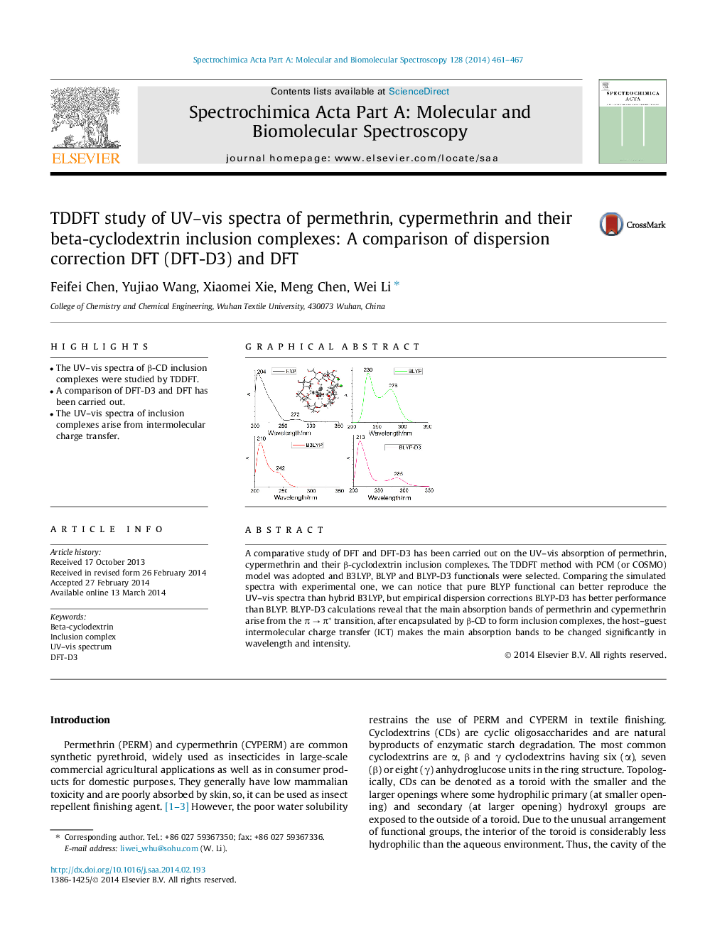 TDDFT study of UV–vis spectra of permethrin, cypermethrin and their beta-cyclodextrin inclusion complexes: A comparison of dispersion correction DFT (DFT-D3) and DFT