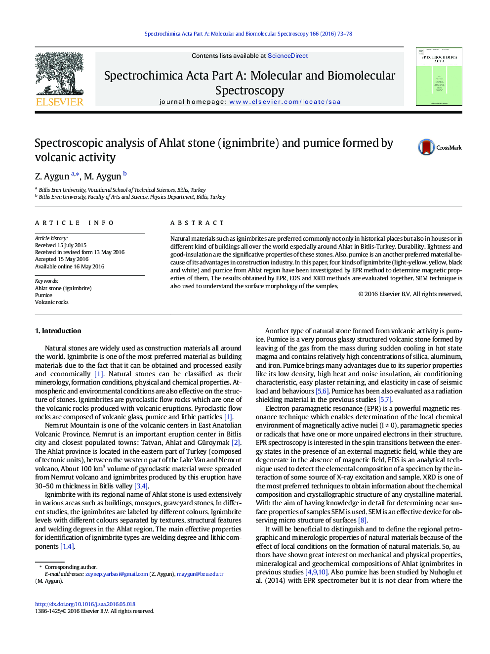 Spectroscopic analysis of Ahlat stone (ignimbrite) and pumice formed by volcanic activity