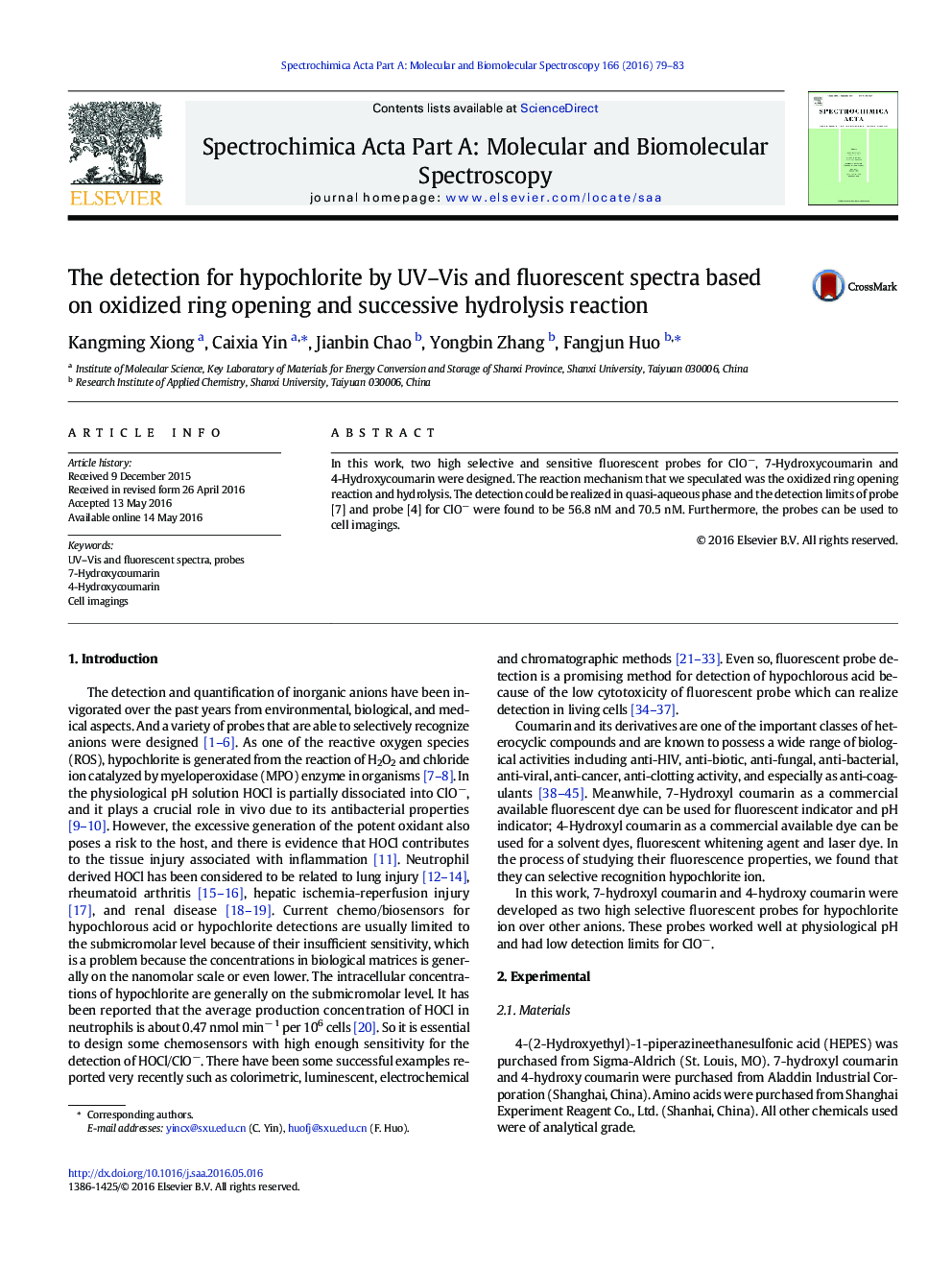 عکس صفحه اول مقاله: The detection for hypochlorite by UV–Vis and fluorescent spectra based on oxidized ring opening and successive hydrolysis reaction The detection for hypochlorite by UV–Vis and fluorescent spectra based on oxidized ring opening and successive hydrolysis reaction