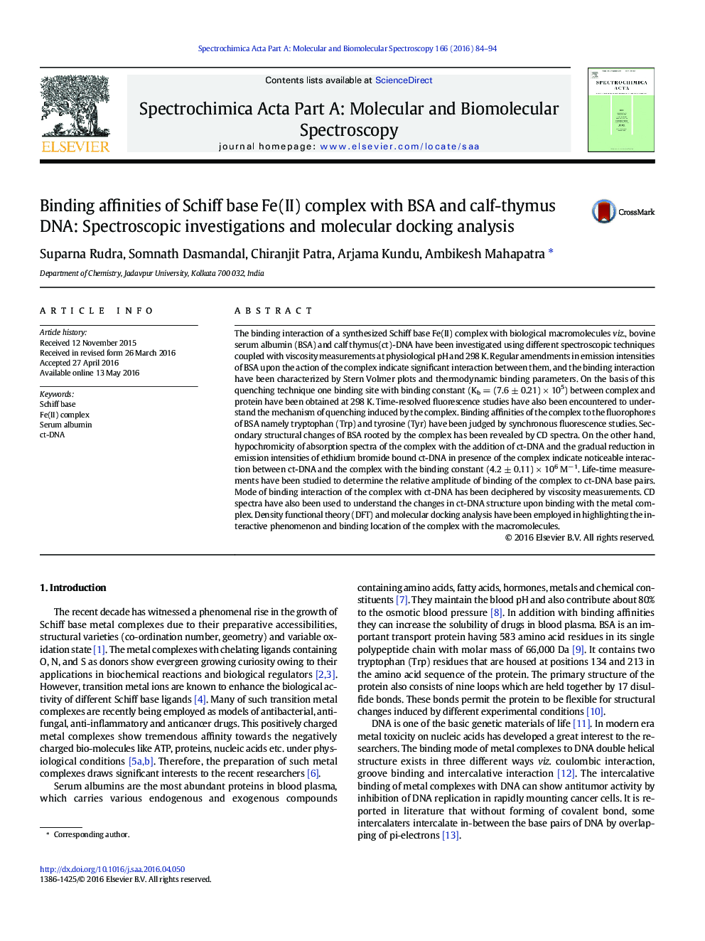 Binding affinities of Schiff base Fe(II) complex with BSA and calf-thymus DNA: Spectroscopic investigations and molecular docking analysis