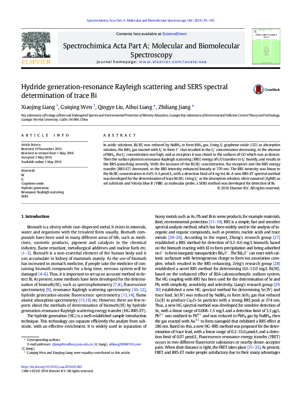 Hydride generation-resonance Rayleigh scattering and SERS spectral determination of trace Bi