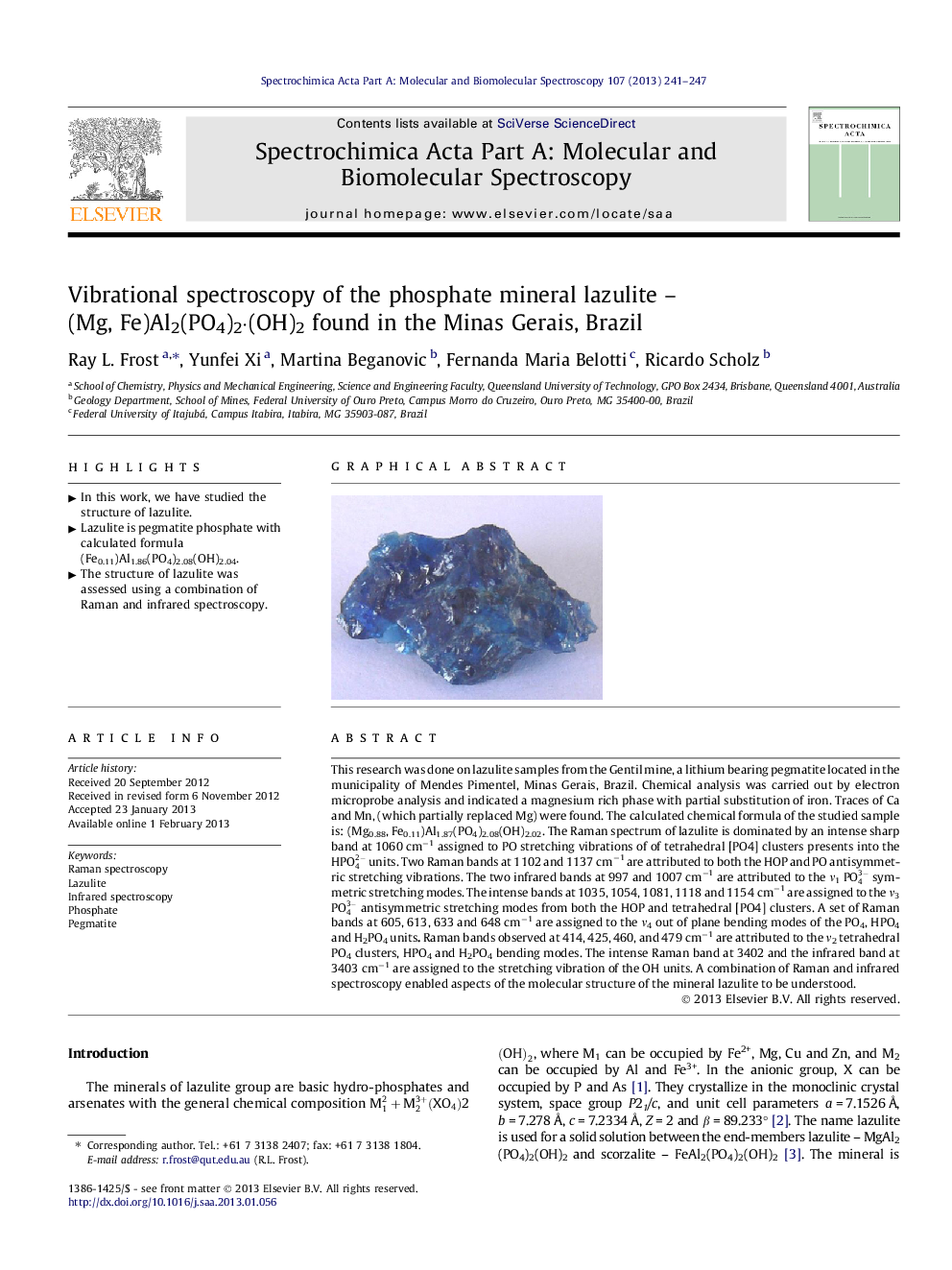 Vibrational spectroscopy of the phosphate mineral lazulite – (Mg, Fe)Al2(PO4)2·(OH)2 found in the Minas Gerais, Brazil