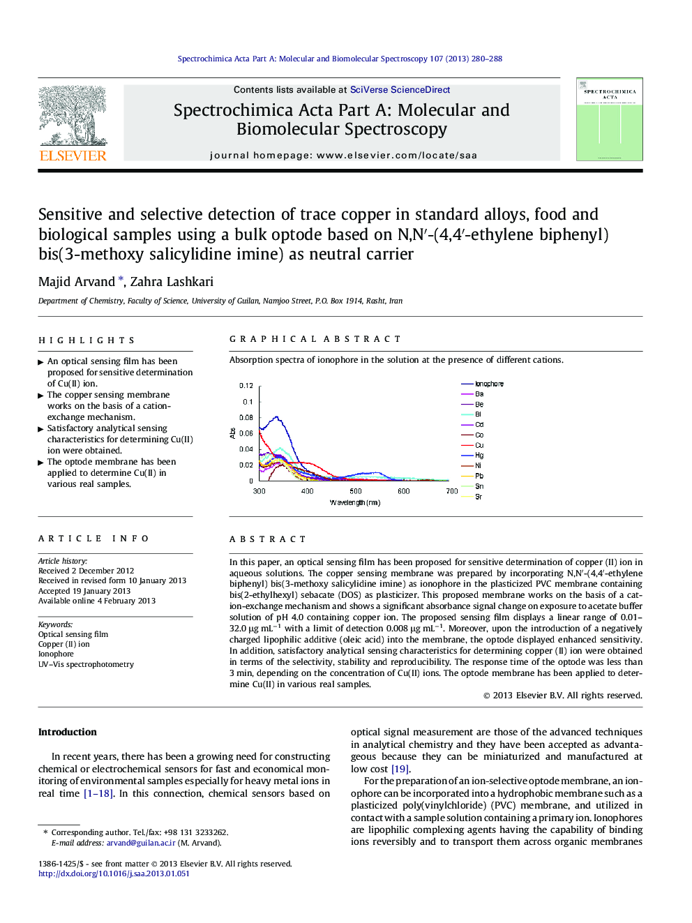 Sensitive and selective detection of trace copper in standard alloys, food and biological samples using a bulk optode based on N,N′-(4,4′-ethylene biphenyl) bis(3-methoxy salicylidine imine) as neutral carrier