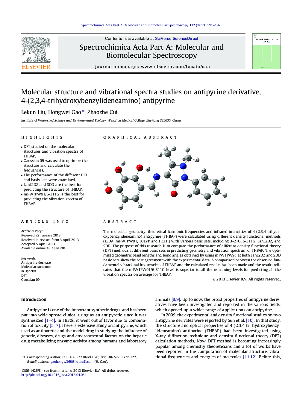 Molecular structure and vibrational spectra studies on antipyrine derivative, 4-(2,3,4-trihydroxybenzylideneamino) antipyrine