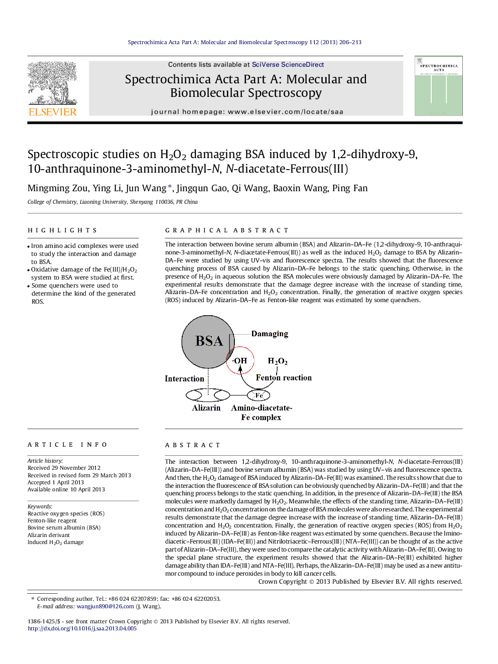 Spectroscopic studies on H2O2 damaging BSA induced by 1,2-dihydroxy-9, 10-anthraquinone-3-aminomethyl-N, N-diacetate-Ferrous(III)