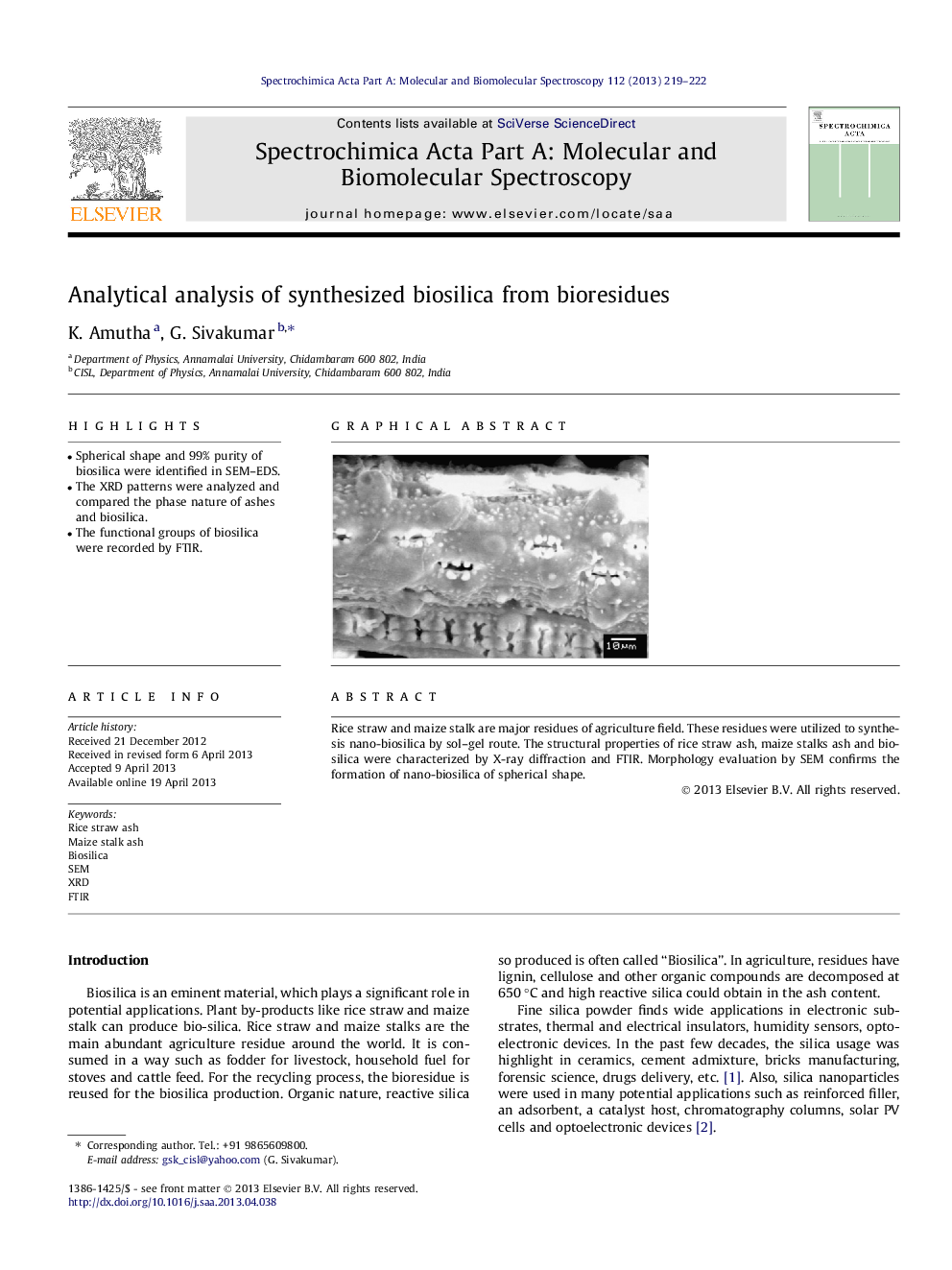 Analytical analysis of synthesized biosilica from bioresidues