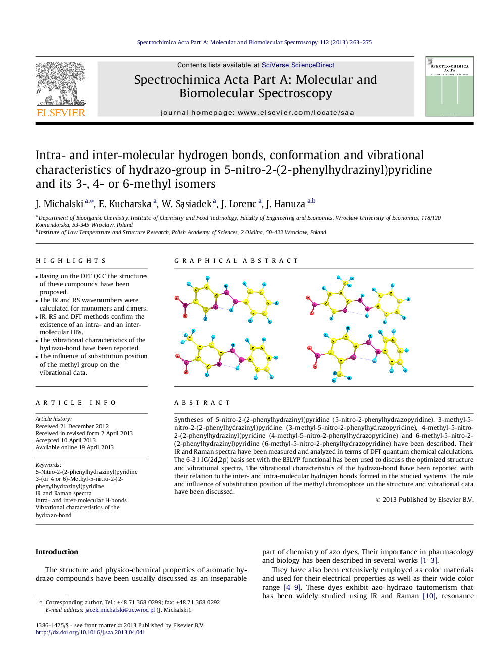 Intra- and inter-molecular hydrogen bonds, conformation and vibrational characteristics of hydrazo-group in 5-nitro-2-(2-phenylhydrazinyl)pyridine and its 3-, 4- or 6-methyl isomers