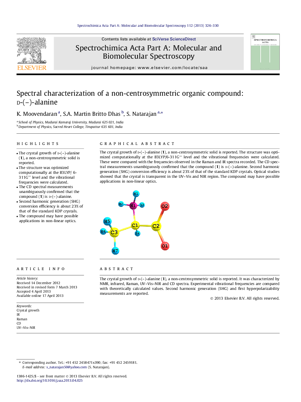 Spectral characterization of a non-centrosymmetric organic compound: D-(-)-alanine