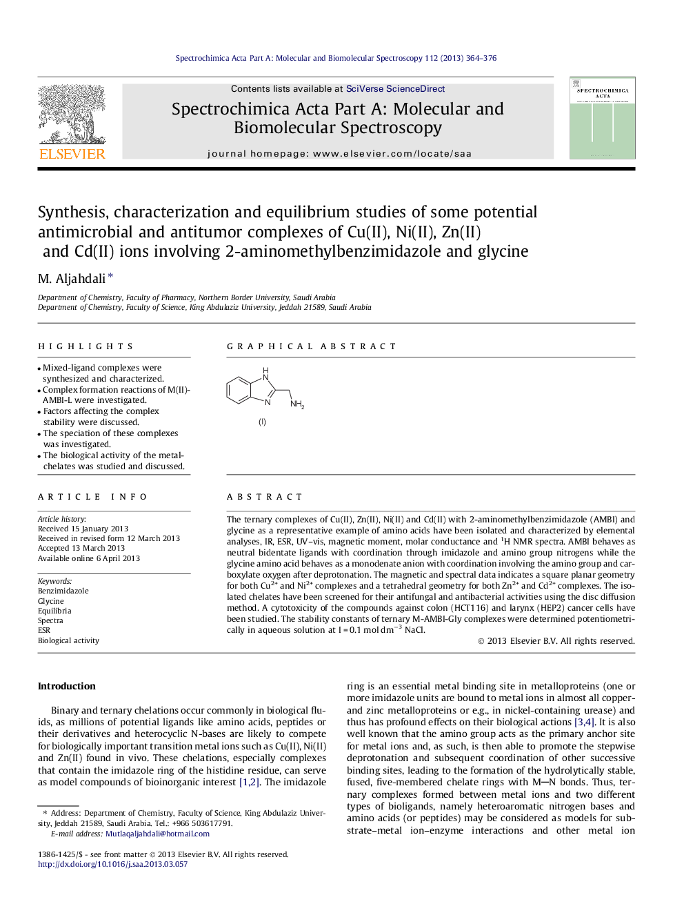 Synthesis, characterization and equilibrium studies of some potential antimicrobial and antitumor complexes of Cu(II), Ni(II), Zn(II) and Cd(II) ions involving 2-aminomethylbenzimidazole and glycine