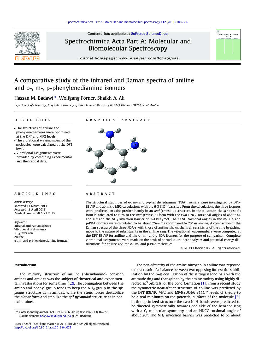 A comparative study of the infrared and Raman spectra of aniline and o-, m-, p-phenylenediamine isomers