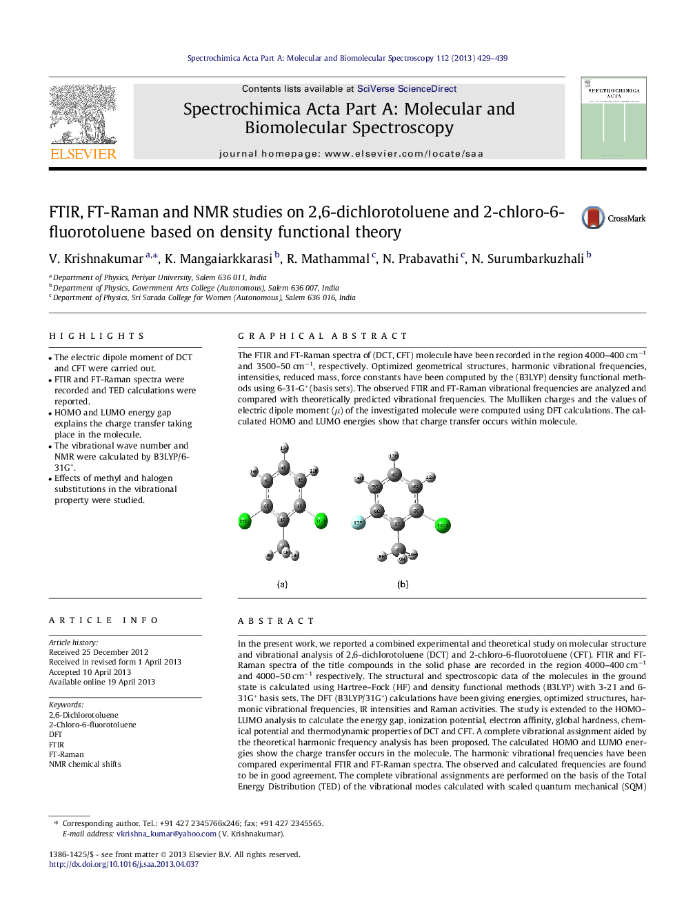 FTIR, FT-Raman and NMR studies on 2,6-dichlorotoluene and 2-chloro-6-fluorotoluene based on density functional theory
