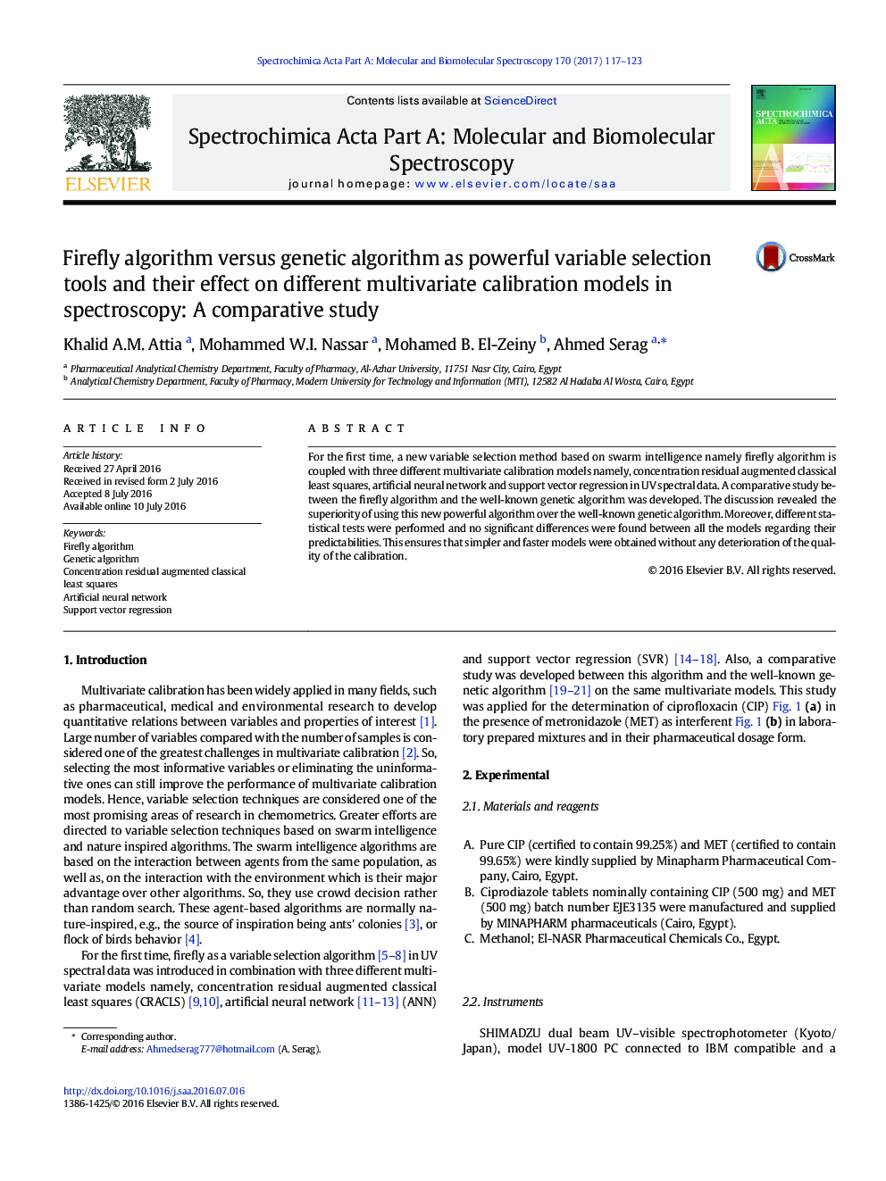 Firefly algorithm versus genetic algorithm as powerful variable selection tools and their effect on different multivariate calibration models in spectroscopy: A comparative study