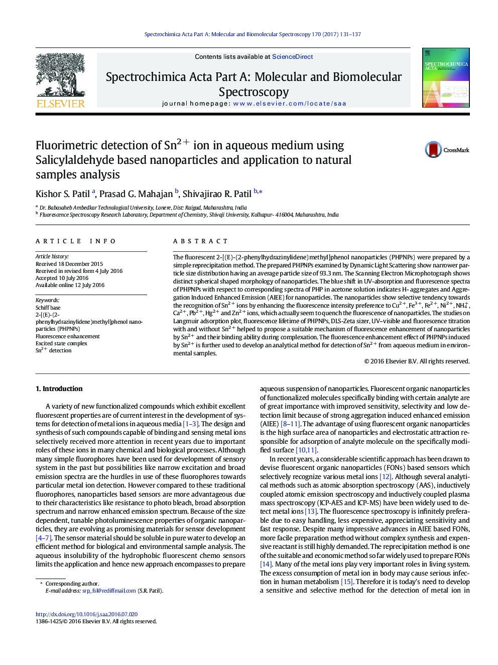 تشخیص فلوریمتری Sn2 + یون در محیط آبی با استفاده از نانوذرات بر پایه Salicylaldehyde و کاربرد آن در تجزیه و تحلیل نمونه های طبیعی