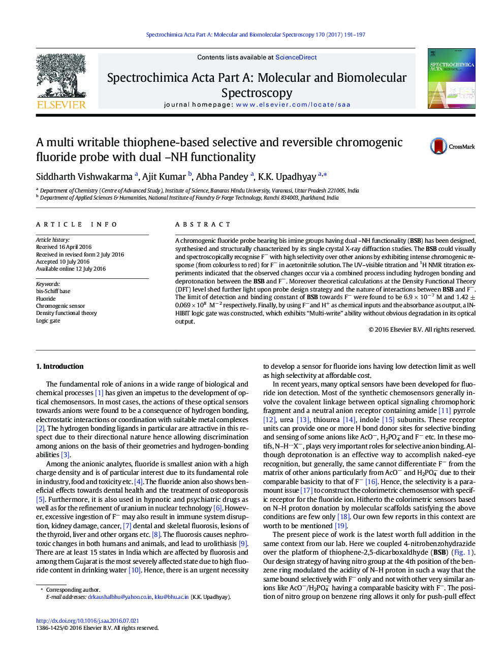 A multi writable thiophene-based selective and reversible chromogenic fluoride probe with dual –NH functionality