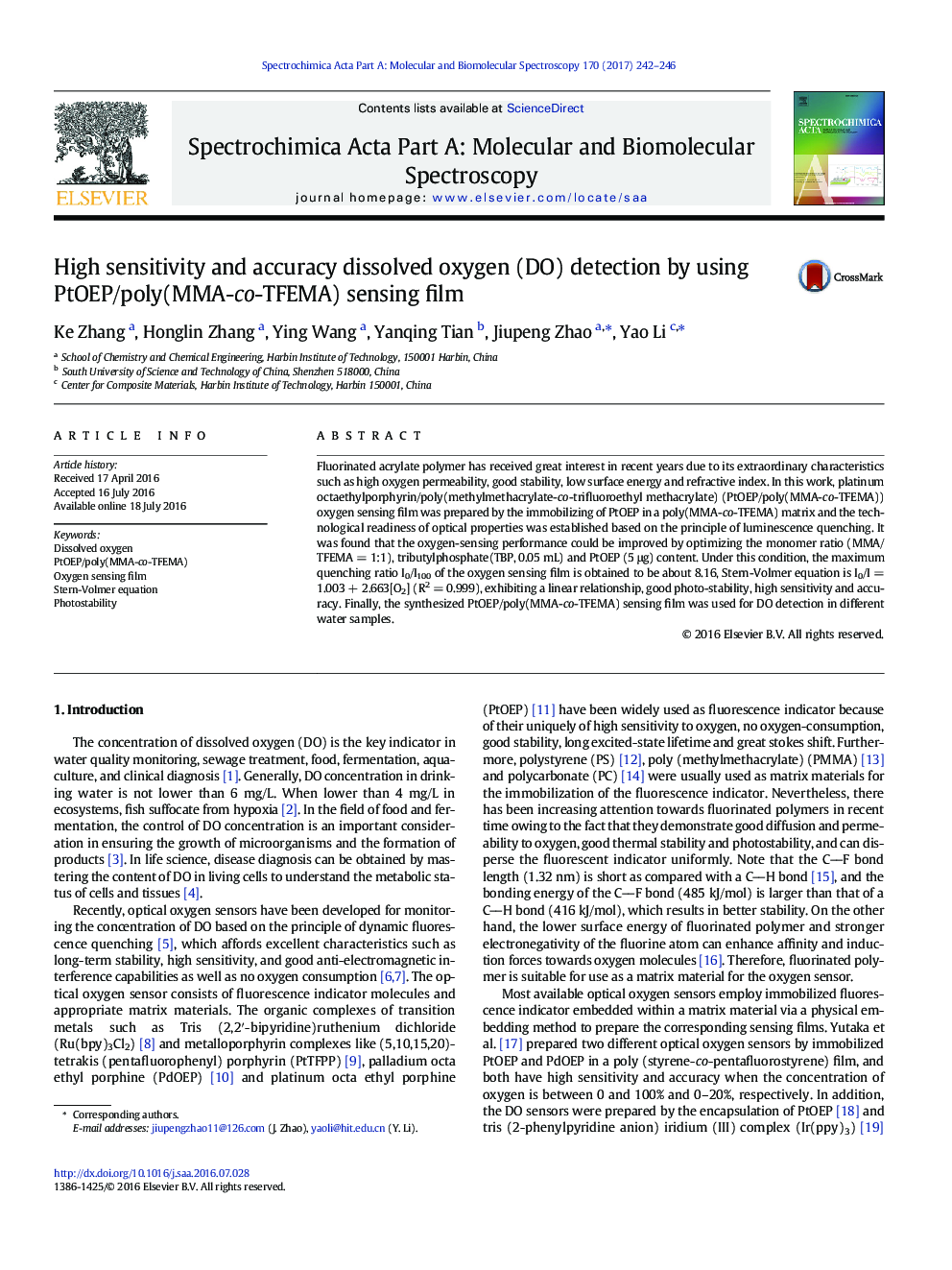 High sensitivity and accuracy dissolved oxygen (DO) detection by using PtOEP/poly(MMA-co-TFEMA) sensing film