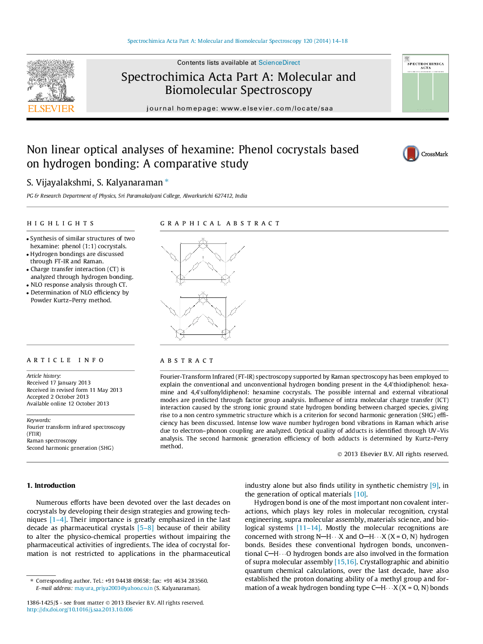 Non linear optical analyses of hexamine: Phenol cocrystals based on hydrogen bonding: A comparative study