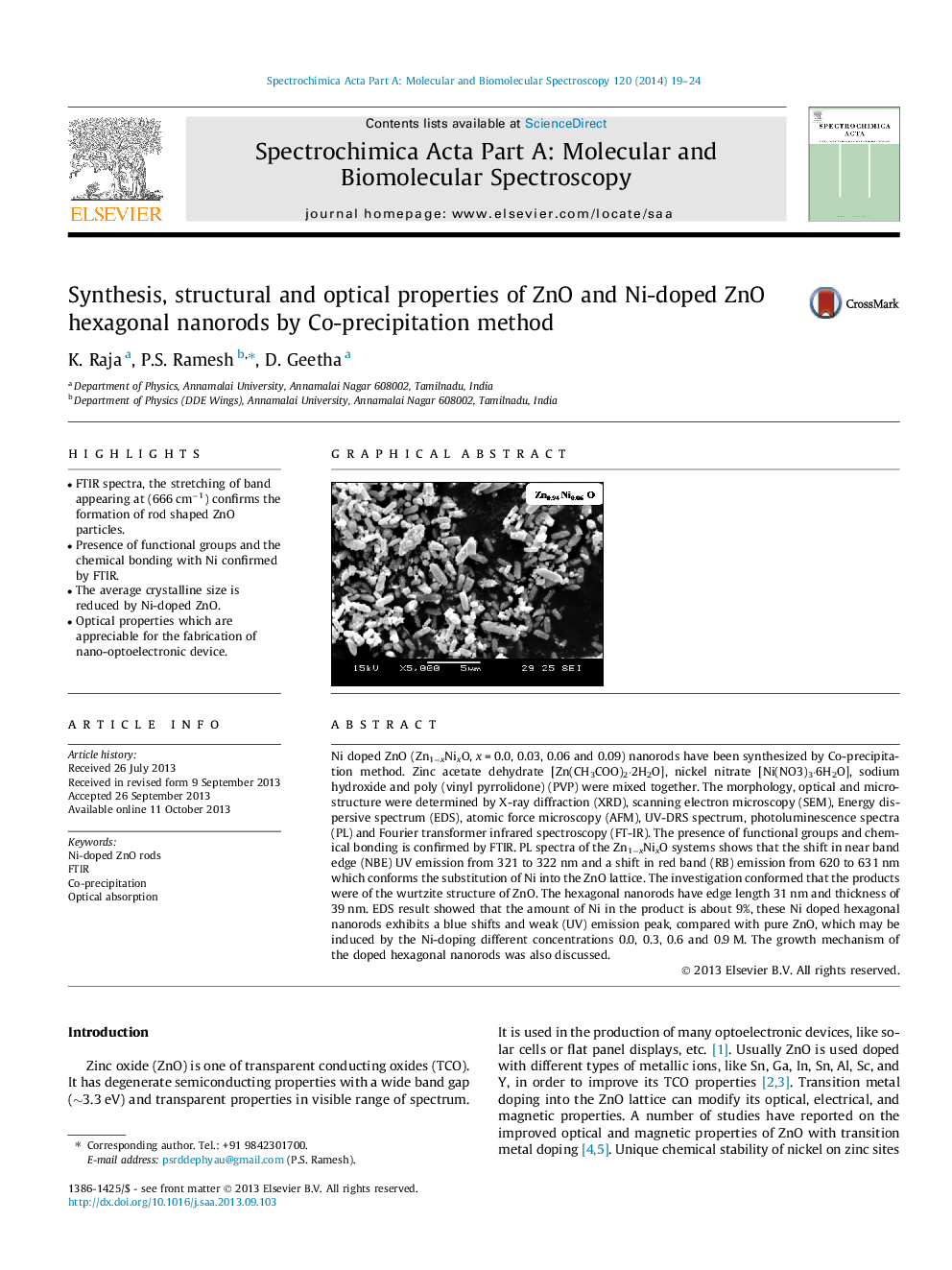 Synthesis, structural and optical properties of ZnO and Ni-doped ZnO hexagonal nanorods by Co-precipitation method