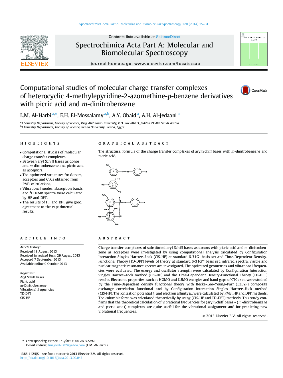 Computational studies of molecular charge transfer complexes of heterocyclic 4-methylepyridine-2-azomethine-p-benzene derivatives with picric acid and m-dinitrobenzene