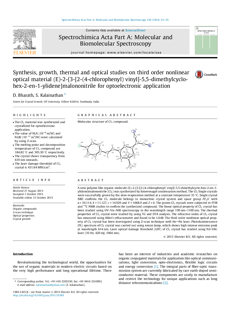 Synthesis, growth, thermal and optical studies on third order nonlinear optical material (E)-2-{3-[2-(4-chlorophenyl) vinyl]-5,5-dimethylcyclo-hex-2-en-1-ylidene}malononitrile for optoelectronic application