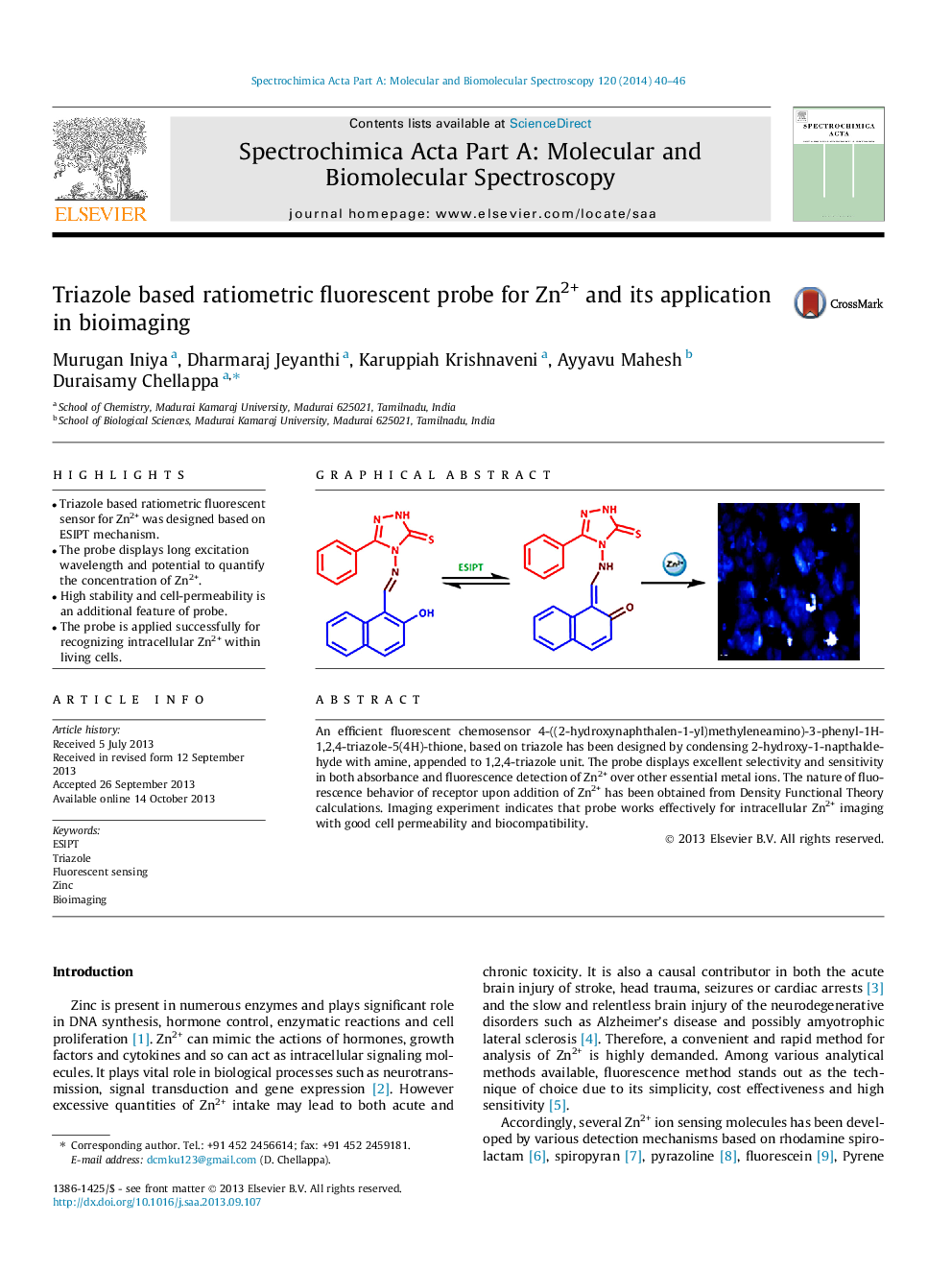 Triazole based ratiometric fluorescent probe for Zn2+ and its application in bioimaging