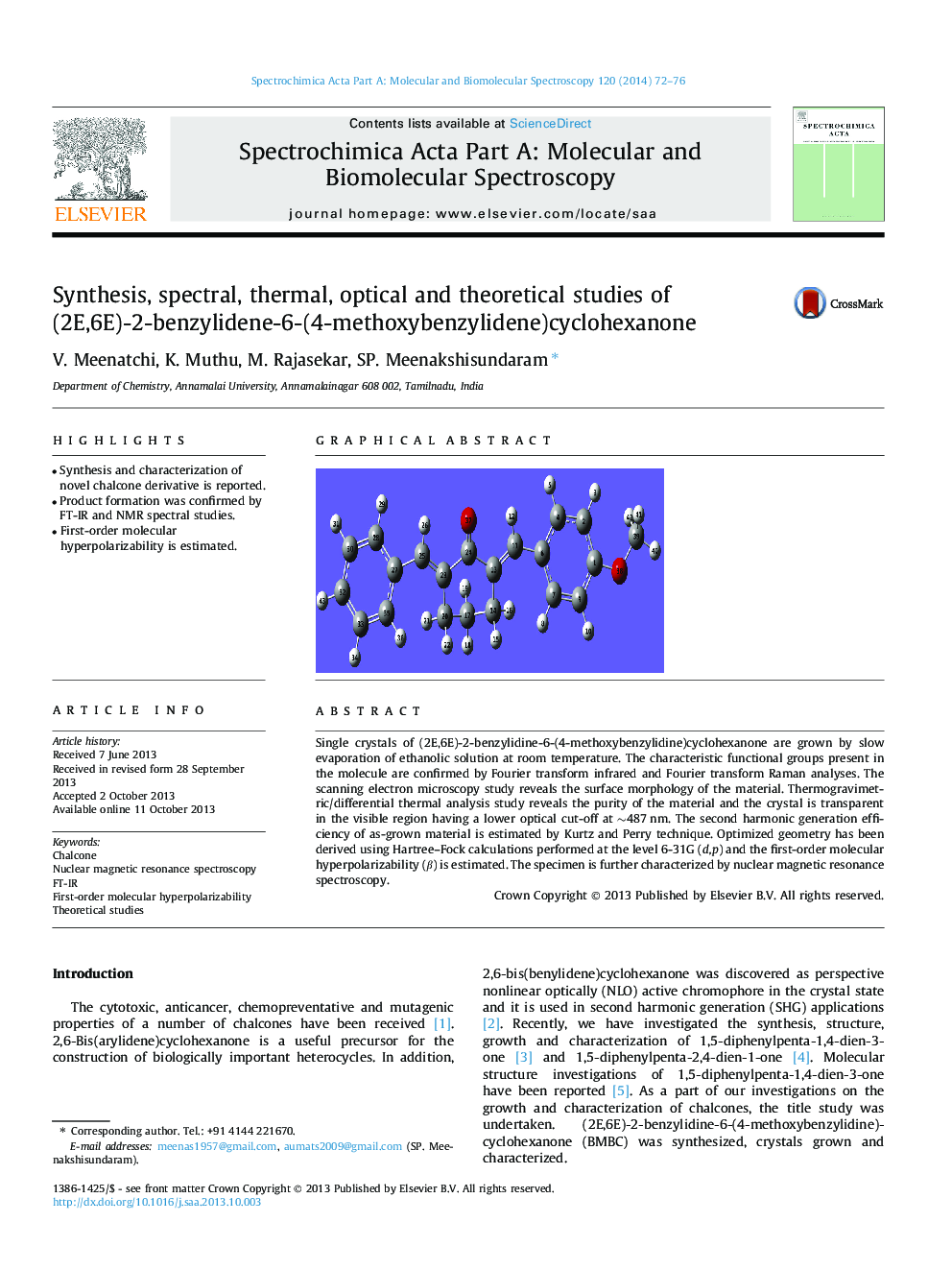 Synthesis, spectral, thermal, optical and theoretical studies of (2E,6E)-2-benzylidene-6-(4-methoxybenzylidene)cyclohexanone