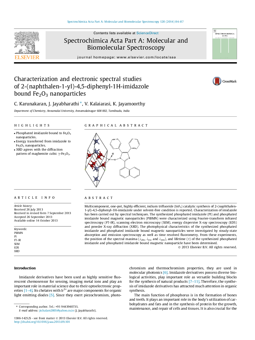 Characterization and electronic spectral studies of 2-(naphthalen-1-yl)-4,5-diphenyl-1H-imidazole bound Fe2O3 nanoparticles