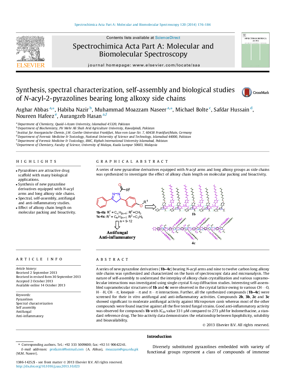 Synthesis, spectral characterization, self-assembly and biological studies of N-acyl-2-pyrazolines bearing long alkoxy side chains