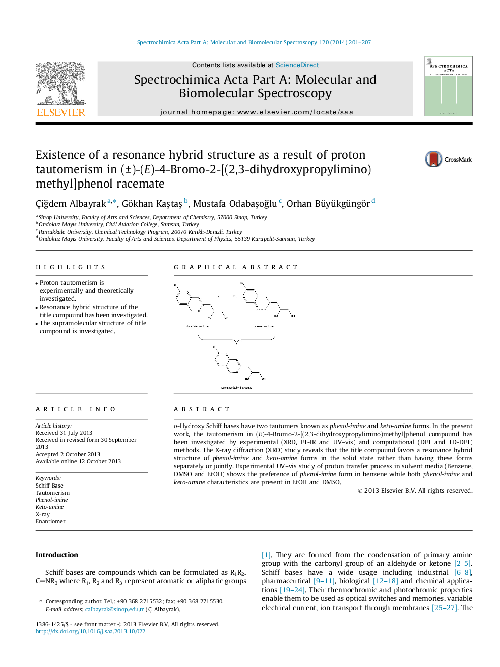 Existence of a resonance hybrid structure as a result of proton tautomerism in (±)-(E)-4-Bromo-2-[(2,3-dihydroxypropylimino) methyl]phenol racemate