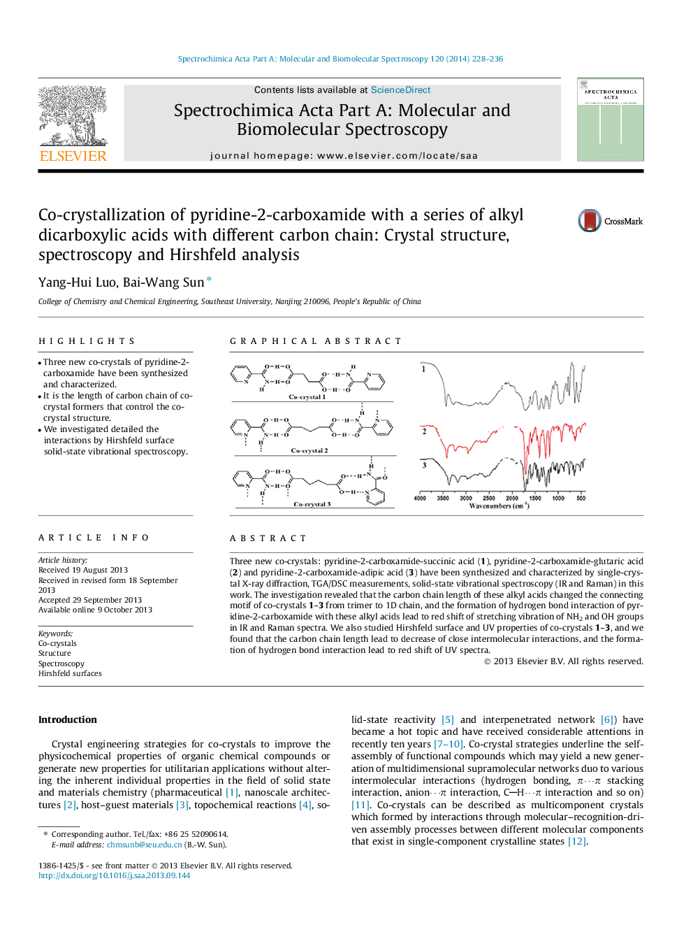 Co-crystallization of pyridine-2-carboxamide with a series of alkyl dicarboxylic acids with different carbon chain: Crystal structure, spectroscopy and Hirshfeld analysis