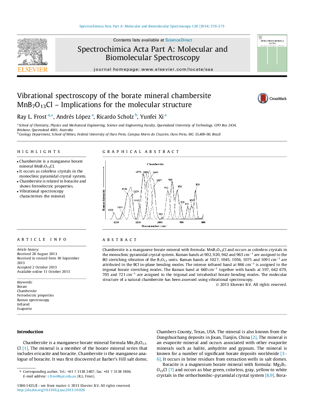 Vibrational spectroscopy of the borate mineral chambersite MnB7O13Cl – Implications for the molecular structure