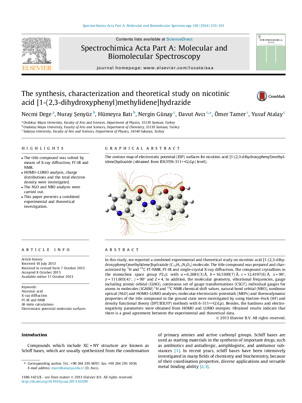 سنتز، خصوصیات و مطالعات نظری بر اسید نیکوتینیک [1- (2،3-دی هیدروکسی فنیل) متیلیدین] هیدرازید 