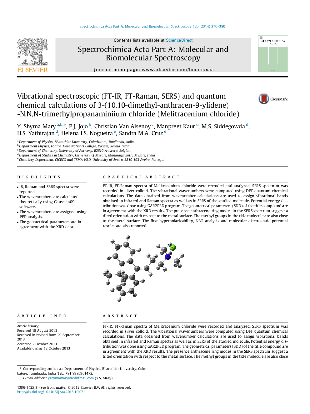 Vibrational spectroscopic (FT-IR, FT-Raman, SERS) and quantum chemical calculations of 3-(10,10-dimethyl-anthracen-9-ylidene)-N,N,N-trimethylpropanaminiium chloride (Melitracenium chloride)