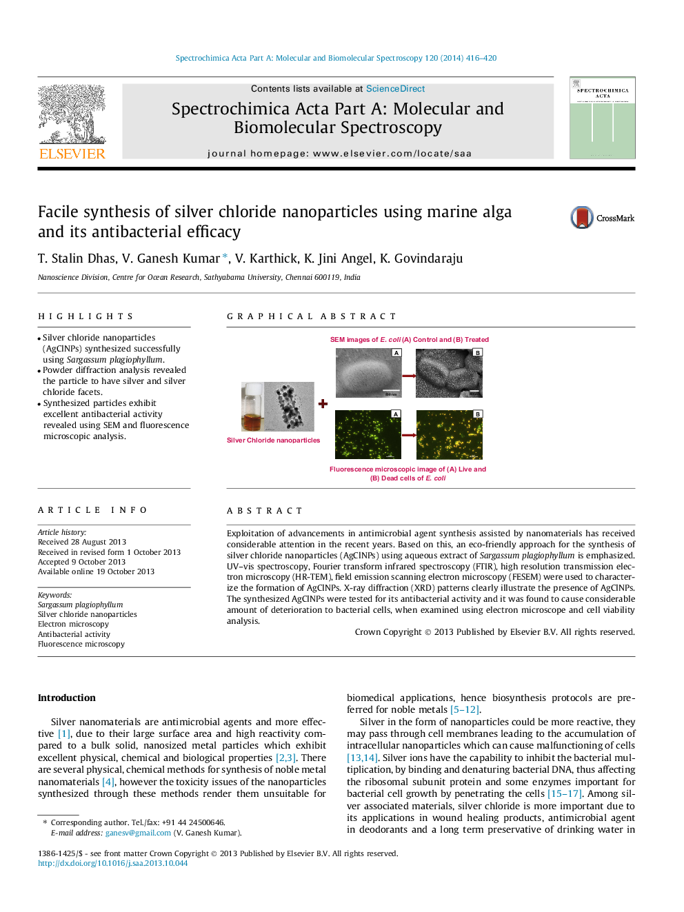 Facile synthesis of silver chloride nanoparticles using marine alga and its antibacterial efficacy