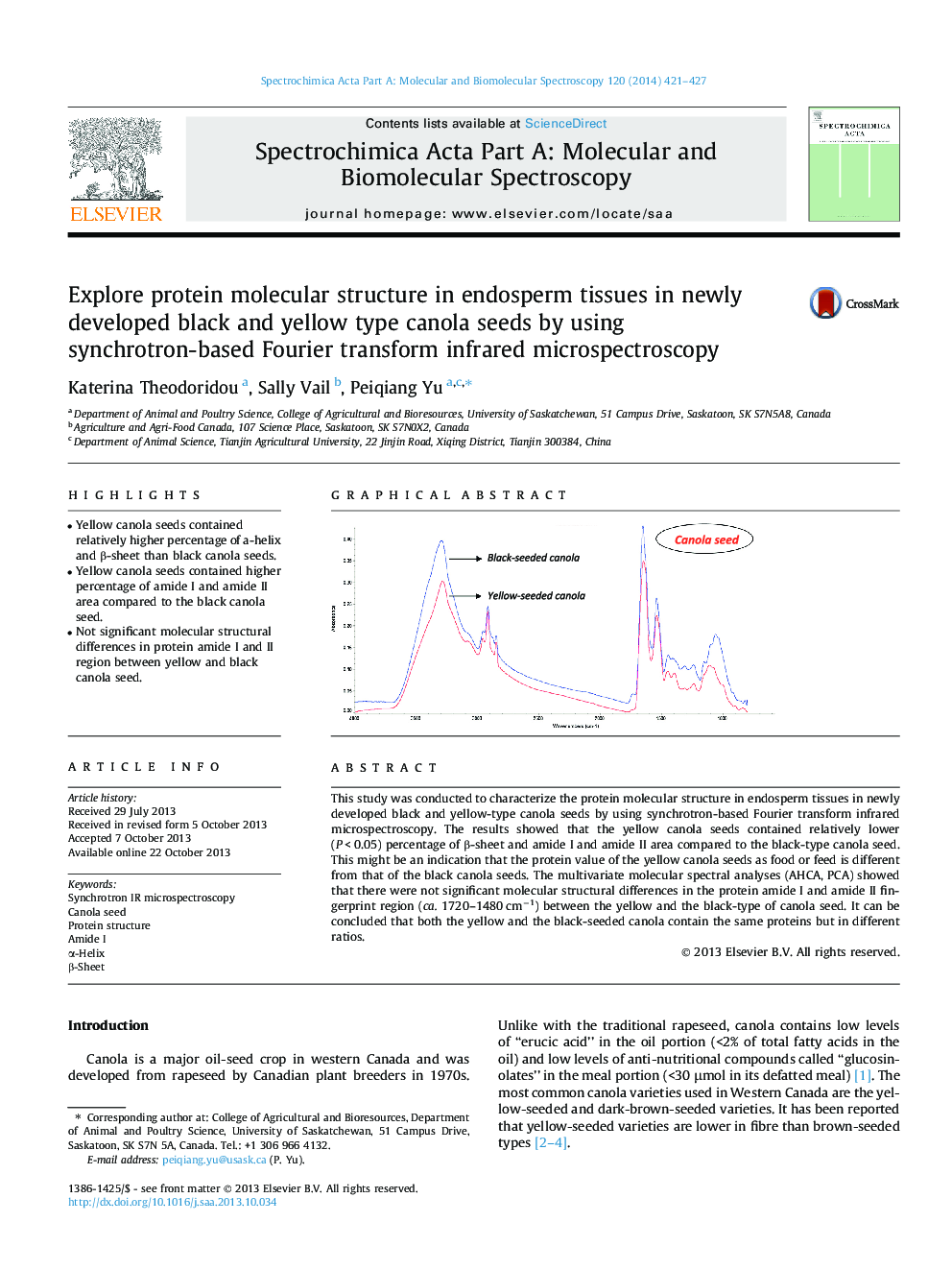 Explore protein molecular structure in endosperm tissues in newly developed black and yellow type canola seeds by using synchrotron-based Fourier transform infrared microspectroscopy